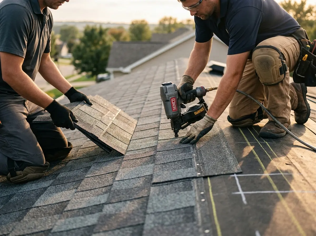 Professional roofer working on a residential roof in Coral Gables